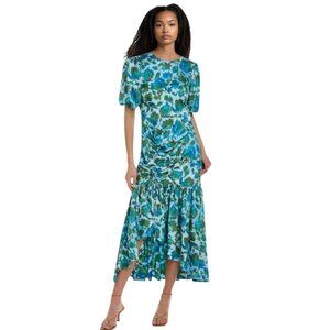 AMUR Floral Trissa Ruched Midi Dress Blue Green Watercolor Print Trissa - Size 4